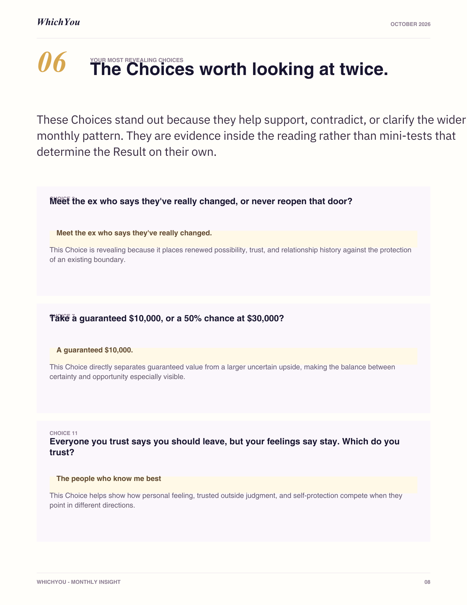Example WhichYou Insight most revealing Choices page